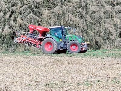 Foto: ein Traktor mit angehängter Sämaschine befindet sich in der Bildmitte, dahinter ein abgestorbener Wald, davor ein abgeerntetes Getreidefeld