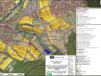 Karte mit Vorschlägen für Ingenieurökologische Maßnahmen sowie Schritte hin zu einer Reduzierung der Bodenerosion auf landwirtschaftlich genutzten Flächen im Projektgebiet „Kleine Kahl“